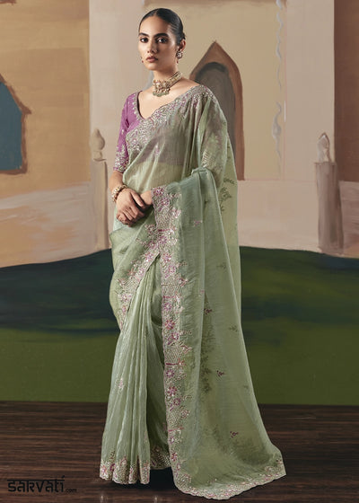 Pastel Green Designer Tissue Saree with Elegant Sequin & Stone Detailing