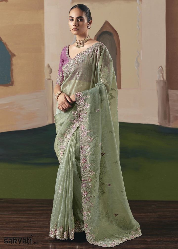 Pastel Green Designer Tissue Saree with Elegant Sequin & Stone Detailing