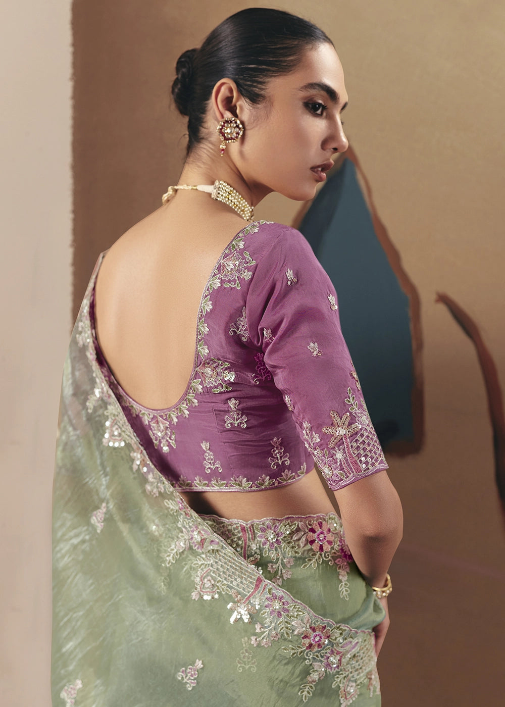 Pastel Green Designer Tissue Saree with Elegant Sequin & Stone Detailing