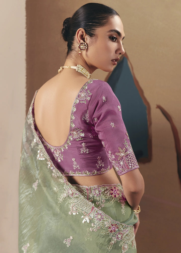 Pastel Green Designer Tissue Saree with Elegant Sequin & Stone Detailing