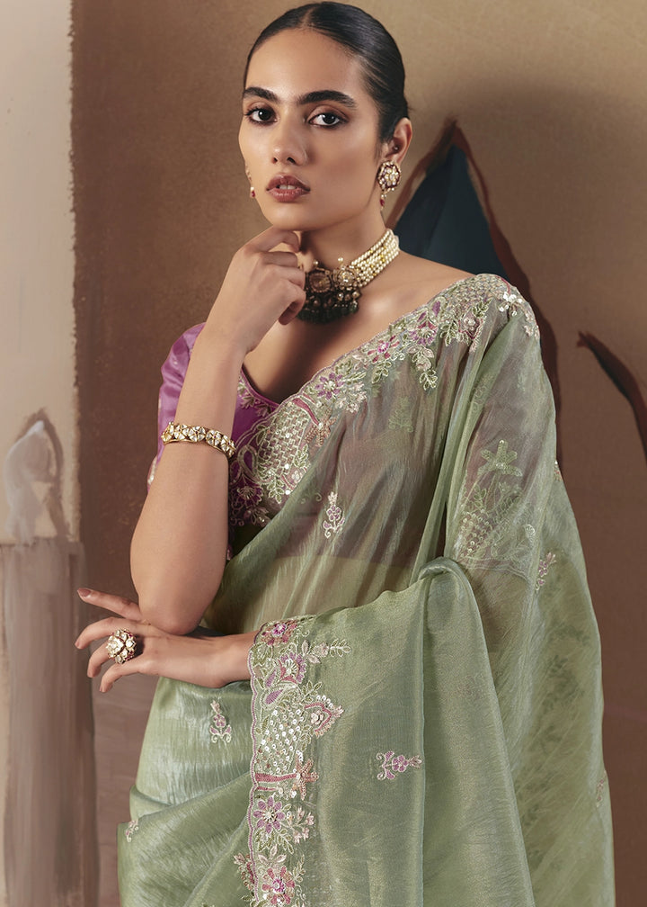 Pastel Green Designer Tissue Saree with Elegant Sequin & Stone Detailing