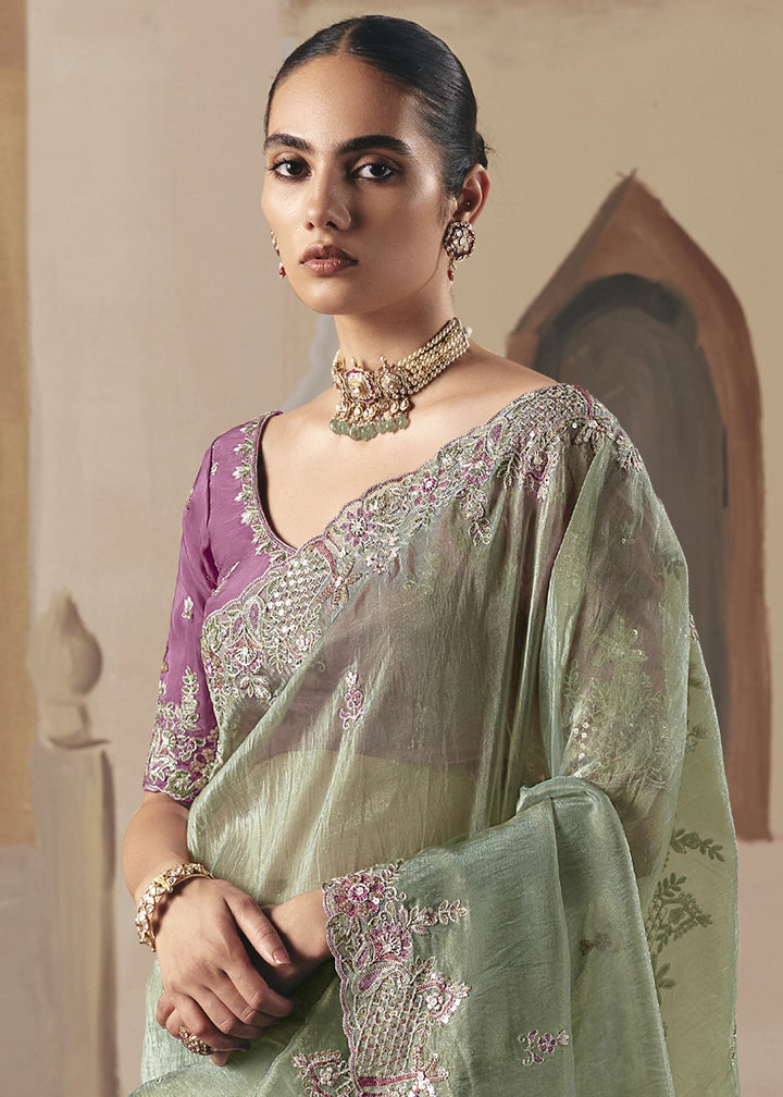 Pastel Green Designer Tissue Saree with Elegant Sequin & Stone Detailing