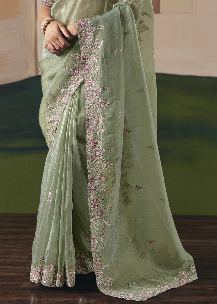 Pastel Green Designer Tissue Saree with Elegant Sequin & Stone Detailing
