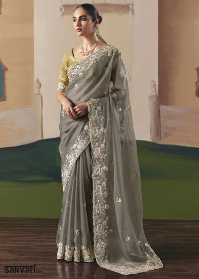 Zinc Grey Designer Tissue Saree with Elegant Sequin & Stone Detailing