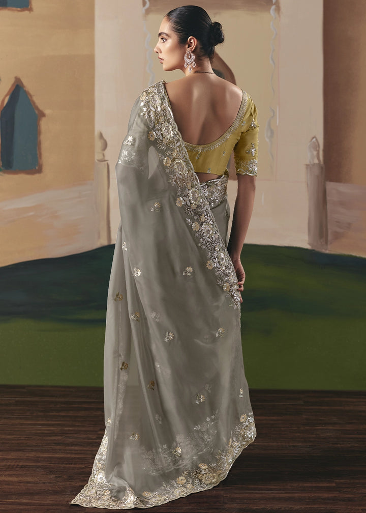 Zinc Grey Designer Tissue Saree with Elegant Sequin & Stone Detailing