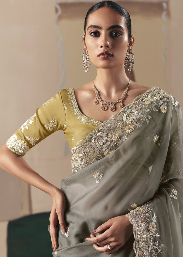 Zinc Grey Designer Tissue Saree with Elegant Sequin & Stone Detailing