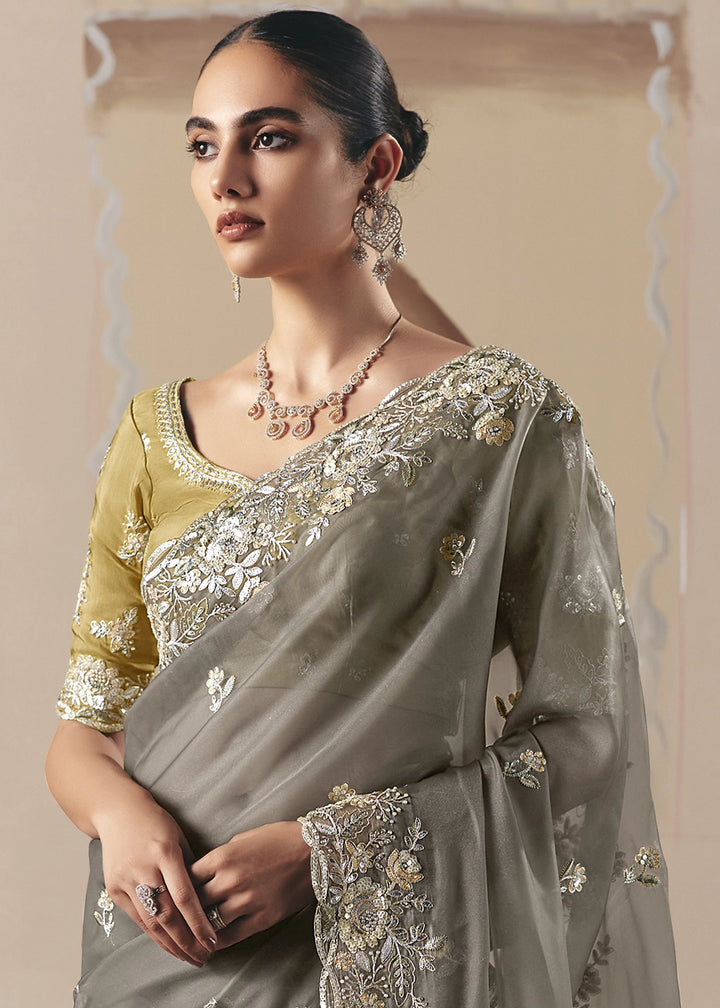 Zinc Grey Designer Tissue Saree with Elegant Sequin & Stone Detailing