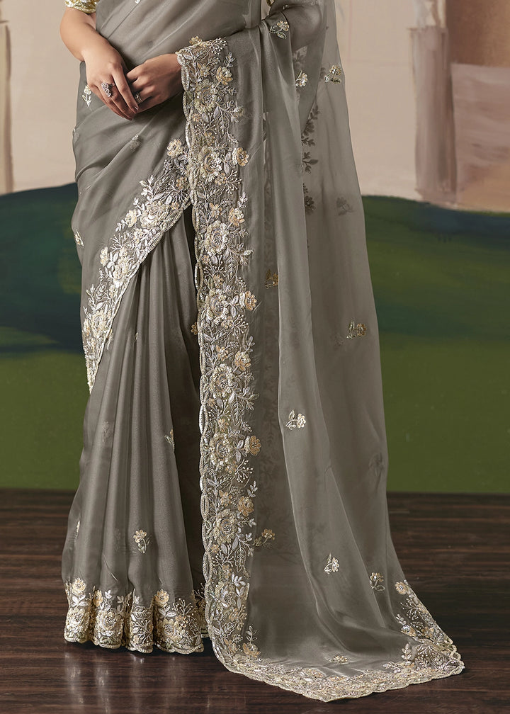 Zinc Grey Designer Tissue Saree with Elegant Sequin & Stone Detailing