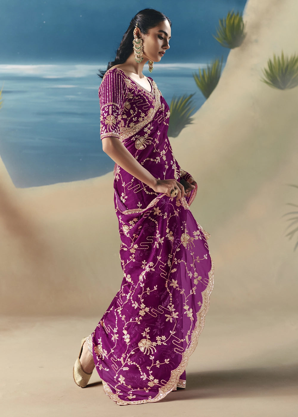 Lollipop Purple Satin Organza Saree with Elegant Sequin & Stone Detailing
