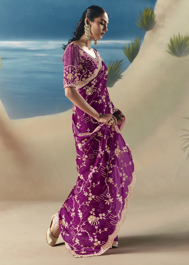 Lollipop Purple Satin Organza Saree with Elegant Sequin & Stone Detailing