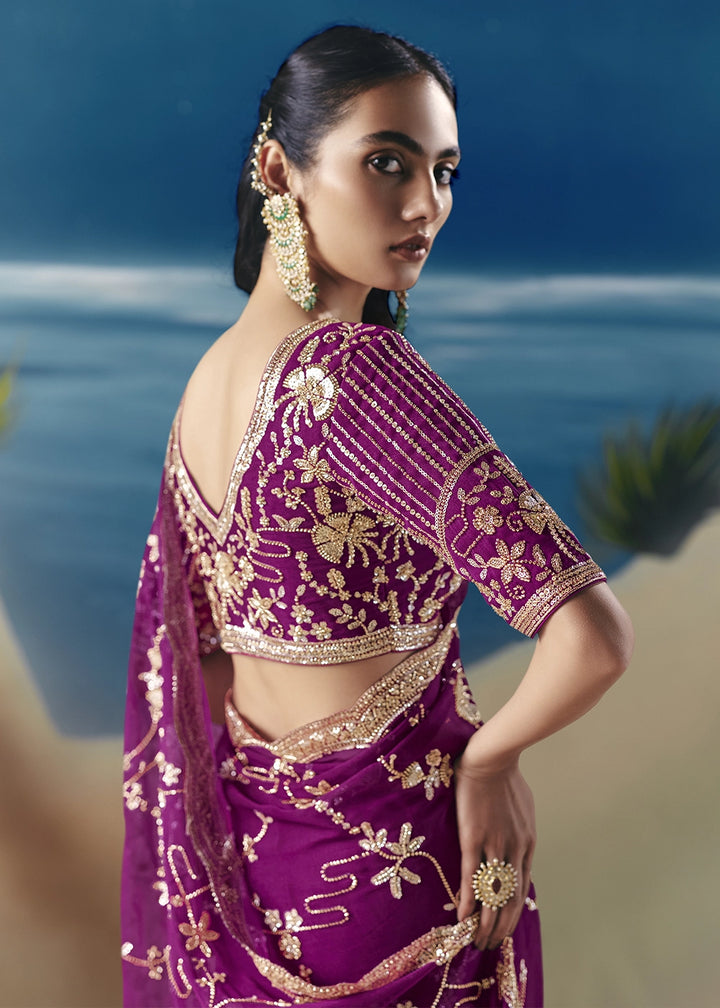 Lollipop Purple Satin Organza Saree with Elegant Sequin & Stone Detailing