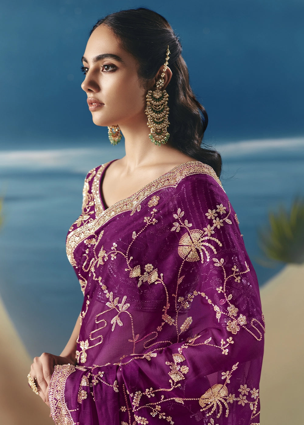 Lollipop Purple Satin Organza Saree with Elegant Sequin & Stone Detailing