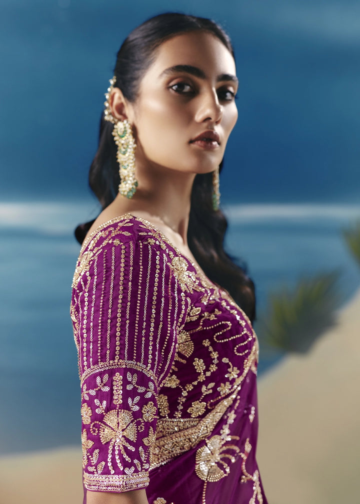 Lollipop Purple Satin Organza Saree with Elegant Sequin & Stone Detailing