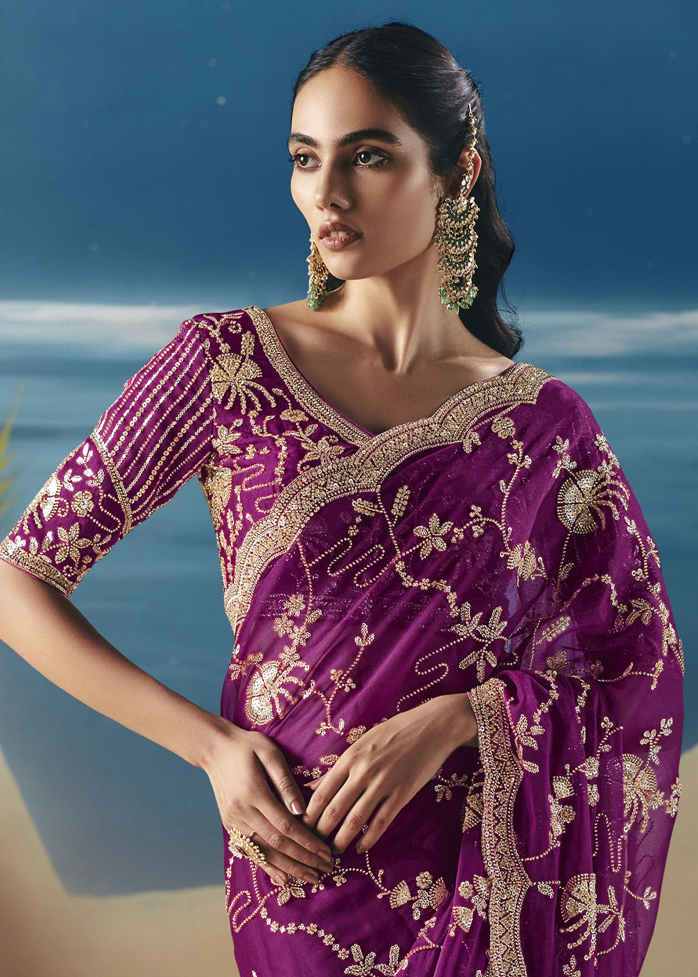 Lollipop Purple Satin Organza Saree with Elegant Sequin & Stone Detailing