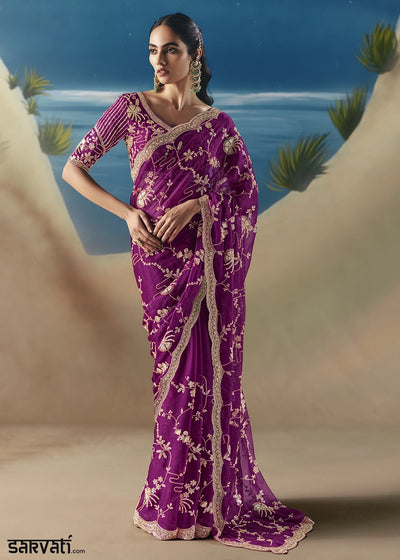 Lollipop Purple Satin Organza Saree with Elegant Sequin & Stone Detailing
