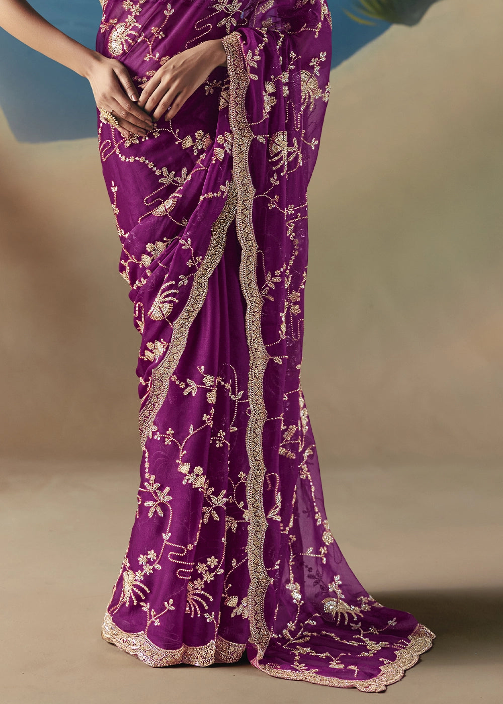Lollipop Purple Satin Organza Saree with Elegant Sequin & Stone Detailing
