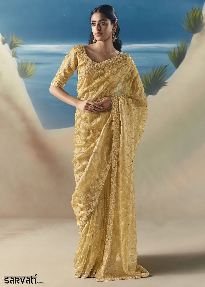 Light Mustard Yellow Satin Organza Saree with Elegant Sequin & Stone Detailing