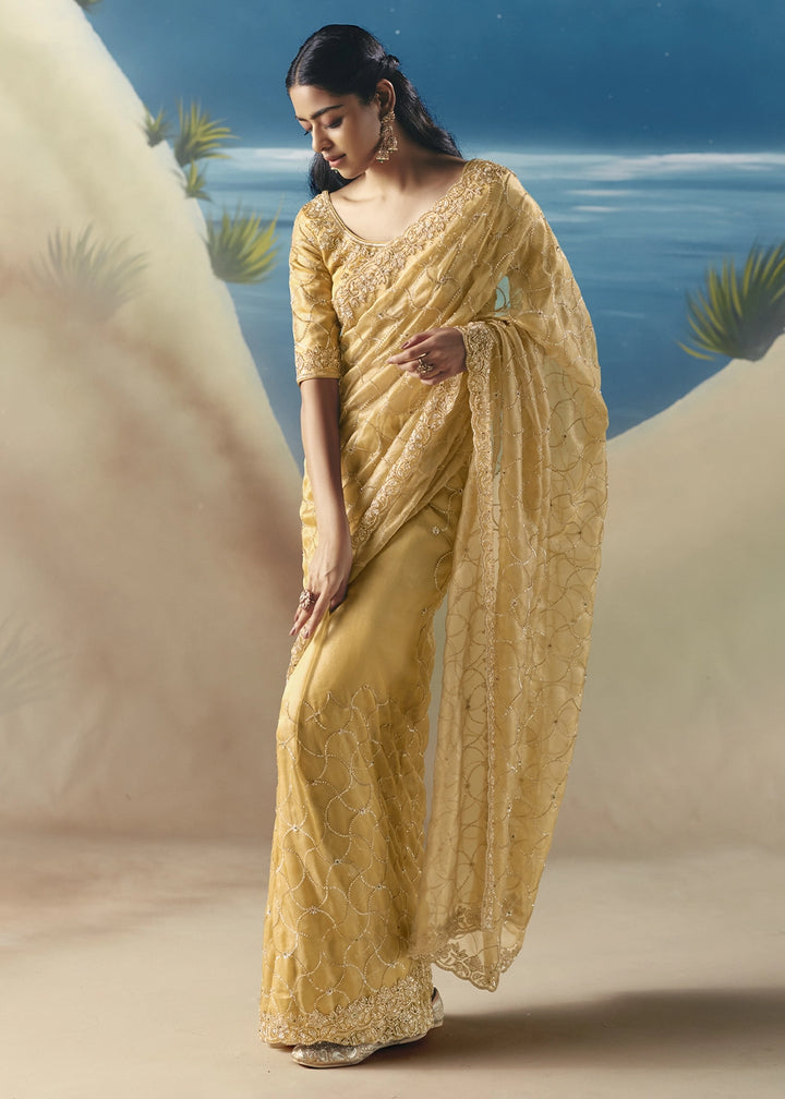 Light Mustard Yellow Satin Organza Saree with Elegant Sequin & Stone Detailing