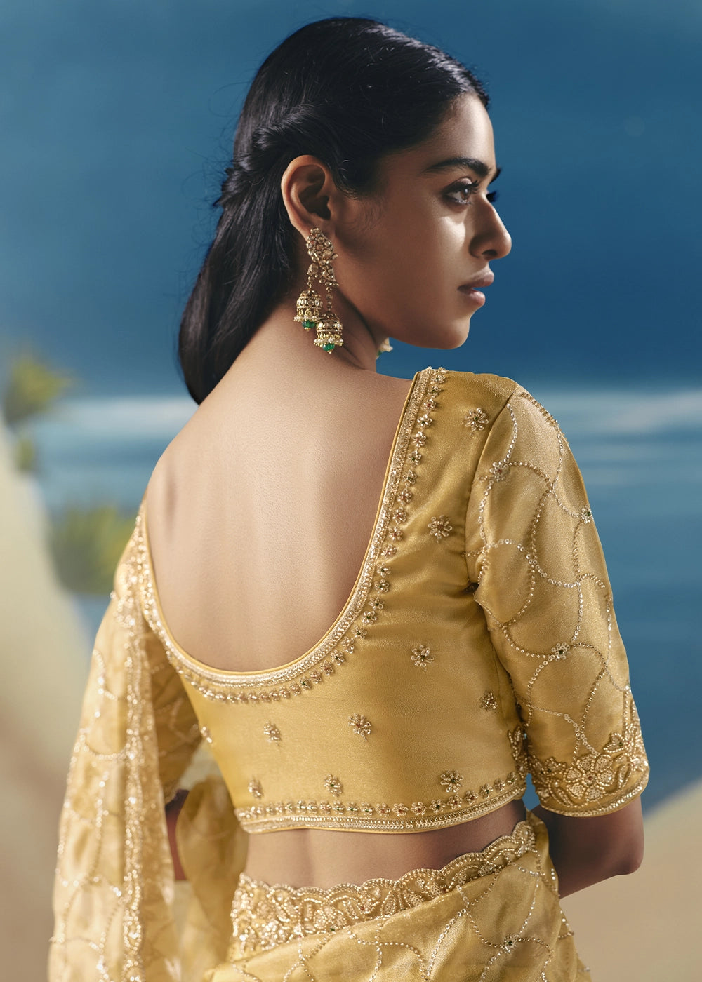 Light Mustard Yellow Satin Organza Saree with Elegant Sequin & Stone Detailing