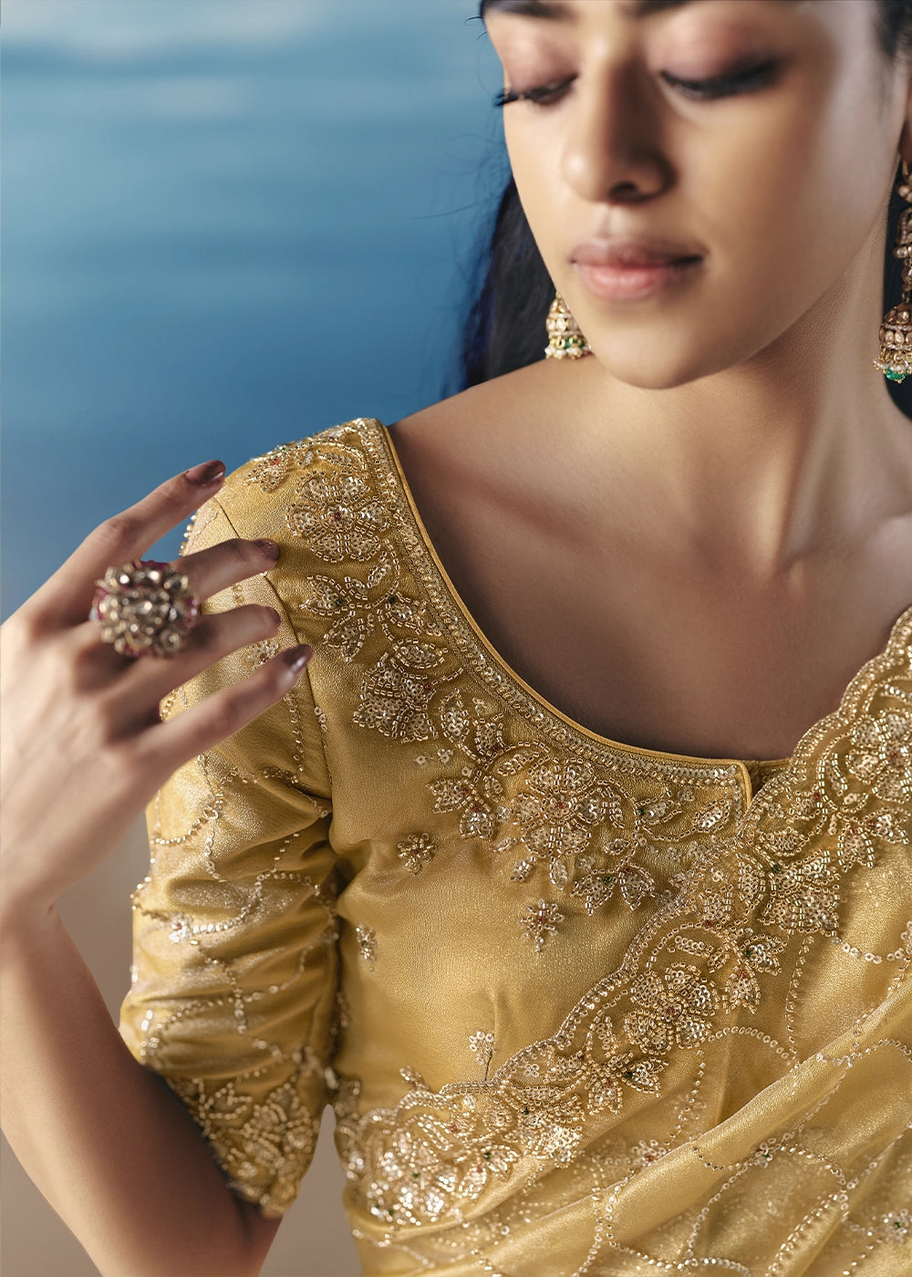 Light Mustard Yellow Satin Organza Saree with Elegant Sequin & Stone Detailing