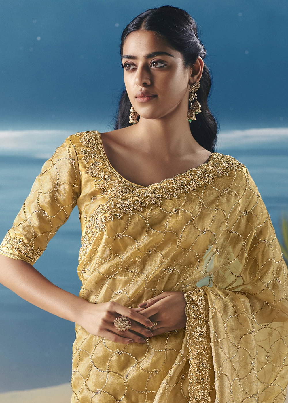 Light Mustard Yellow Satin Organza Saree with Elegant Sequin & Stone Detailing