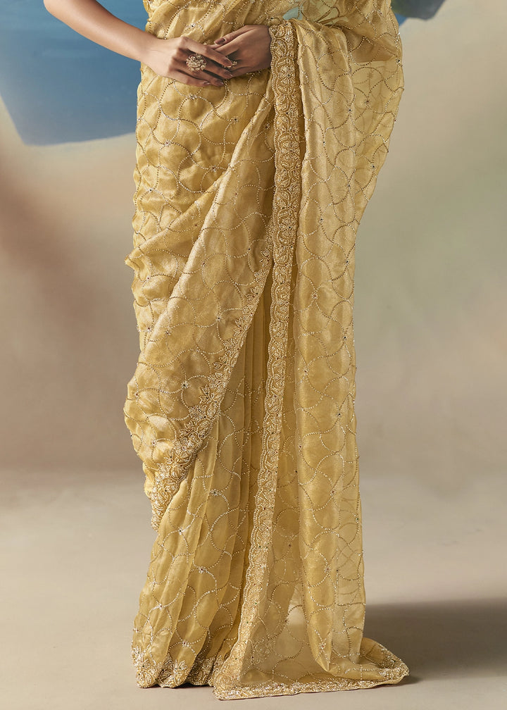 Light Mustard Yellow Satin Organza Saree with Elegant Sequin & Stone Detailing