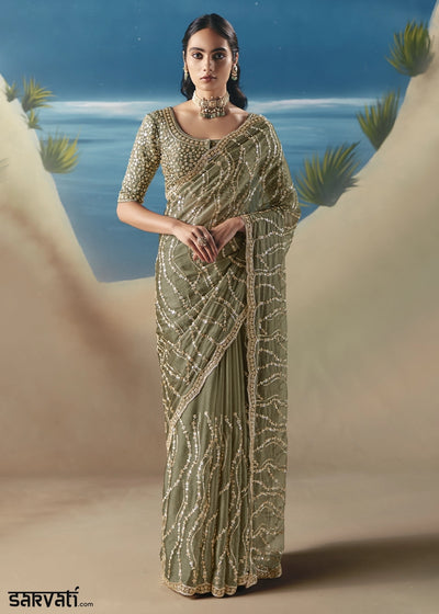 Pebble Green Satin Organza Saree with Elegant Sequin & Stone Detailing