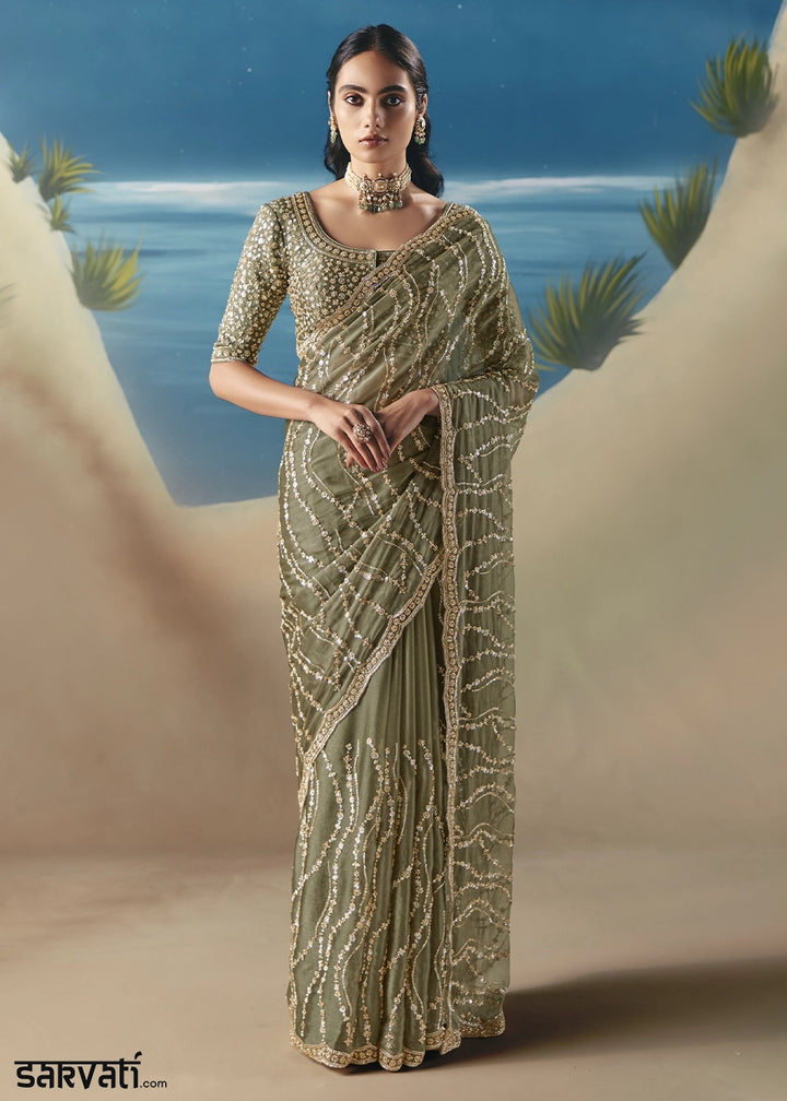 Pebble Green Satin Organza Saree with Elegant Sequin & Stone Detailing