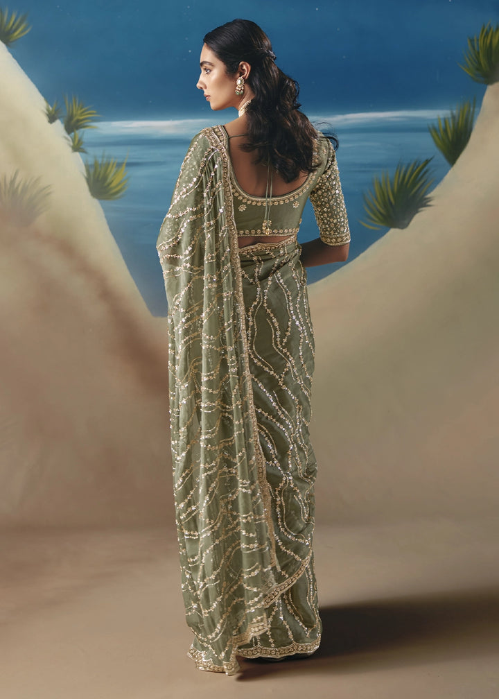 Pebble Green Satin Organza Saree with Elegant Sequin & Stone Detailing