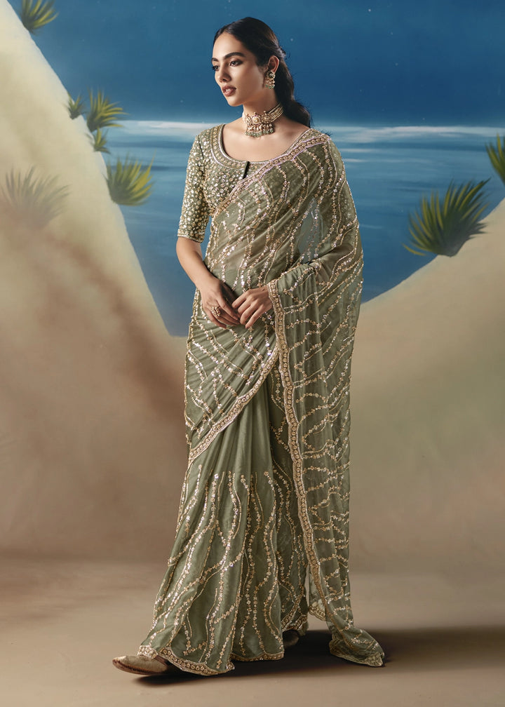 Pebble Green Satin Organza Saree with Elegant Sequin & Stone Detailing
