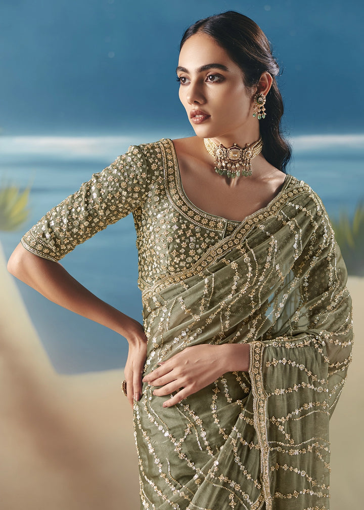Pebble Green Satin Organza Saree with Elegant Sequin & Stone Detailing