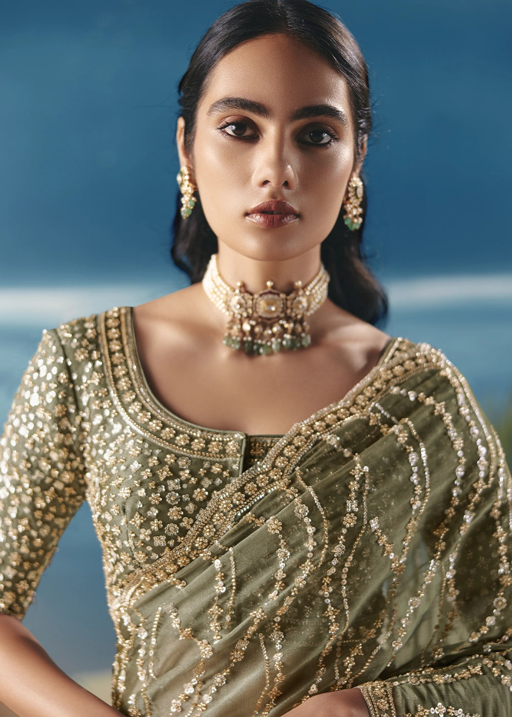 Pebble Green Satin Organza Saree with Elegant Sequin & Stone Detailing