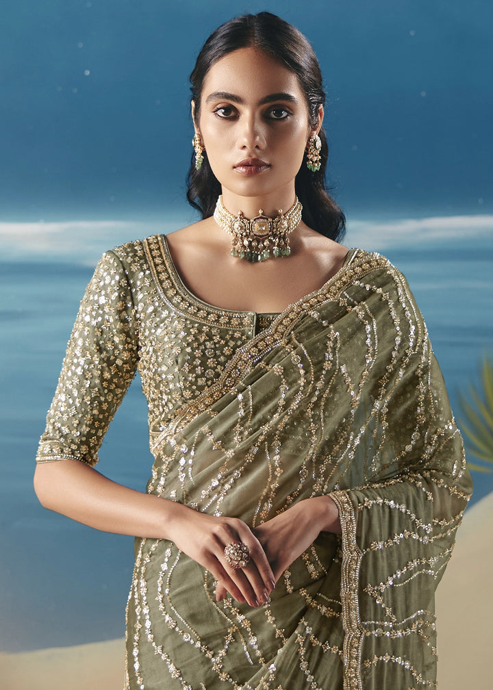 Pebble Green Satin Organza Saree with Elegant Sequin & Stone Detailing
