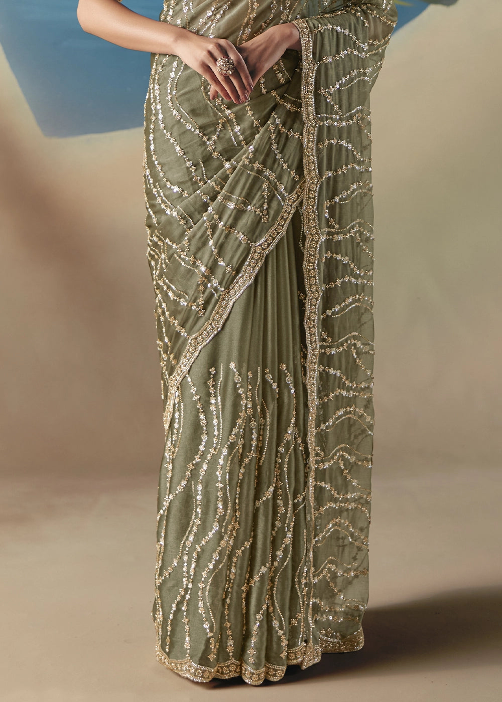 Pebble Green Satin Organza Saree with Elegant Sequin & Stone Detailing