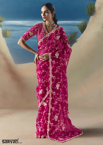 Raspberry Pink Satin Organza Saree with Elegant Sequin & Stone Detailing