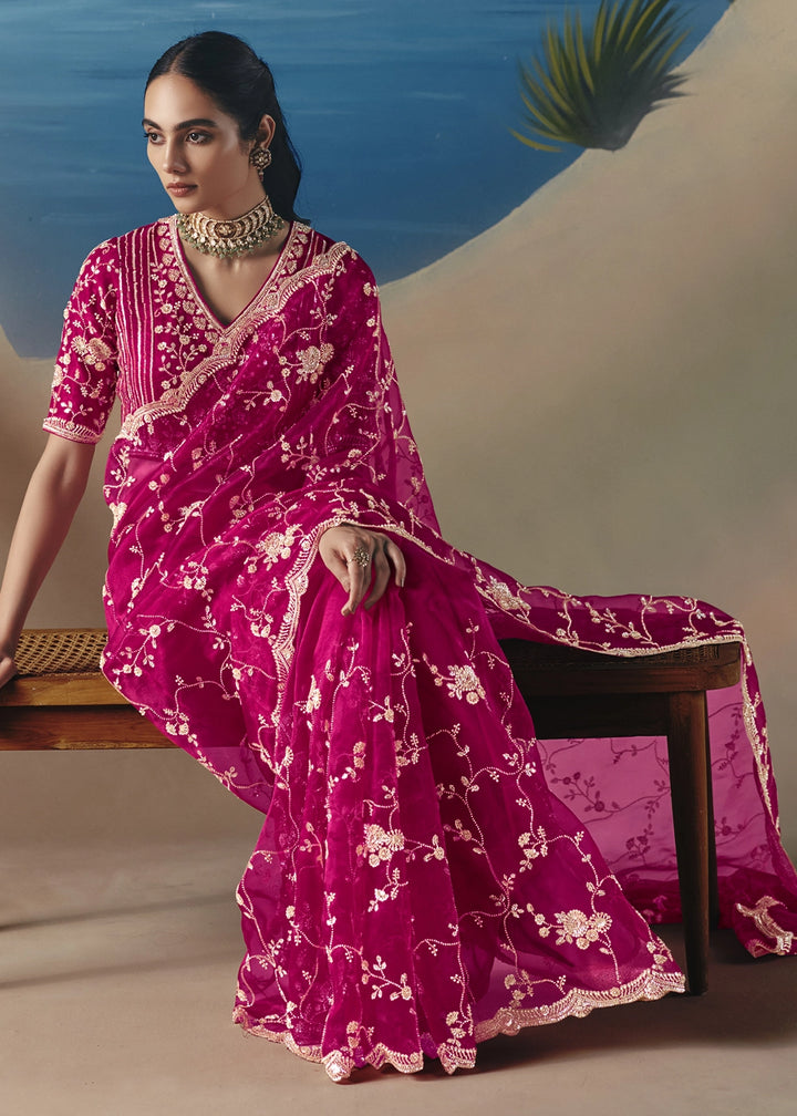 Raspberry Pink Satin Organza Saree with Elegant Sequin & Stone Detailing
