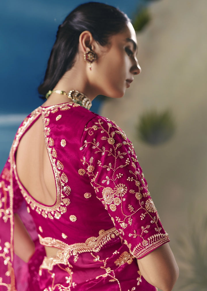 Raspberry Pink Satin Organza Saree with Elegant Sequin & Stone Detailing