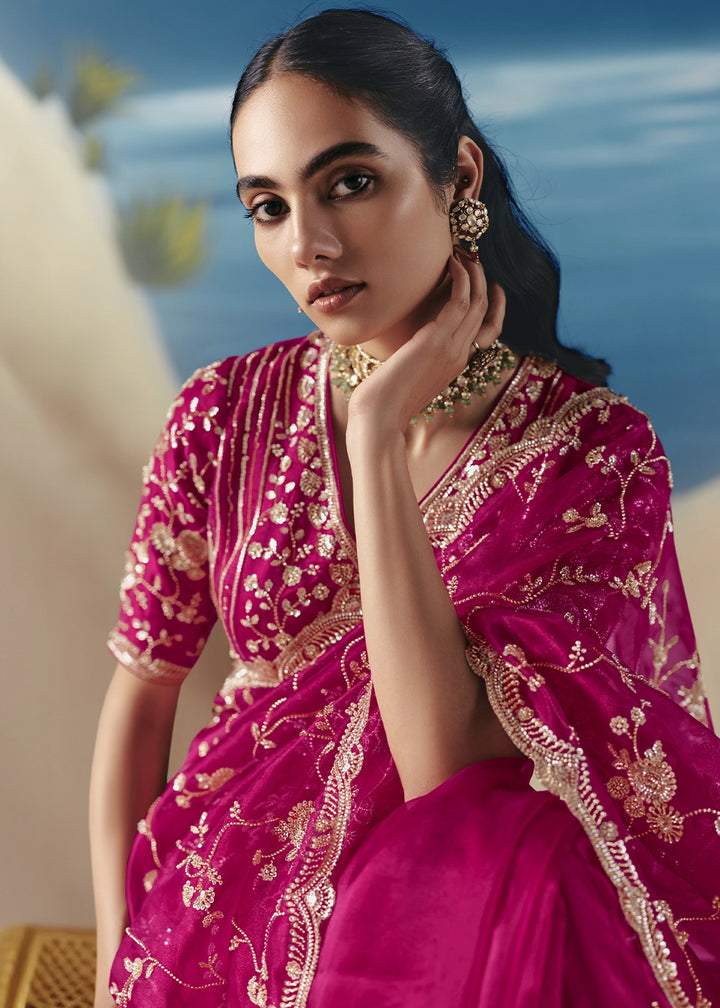 Raspberry Pink Satin Organza Saree with Elegant Sequin & Stone Detailing
