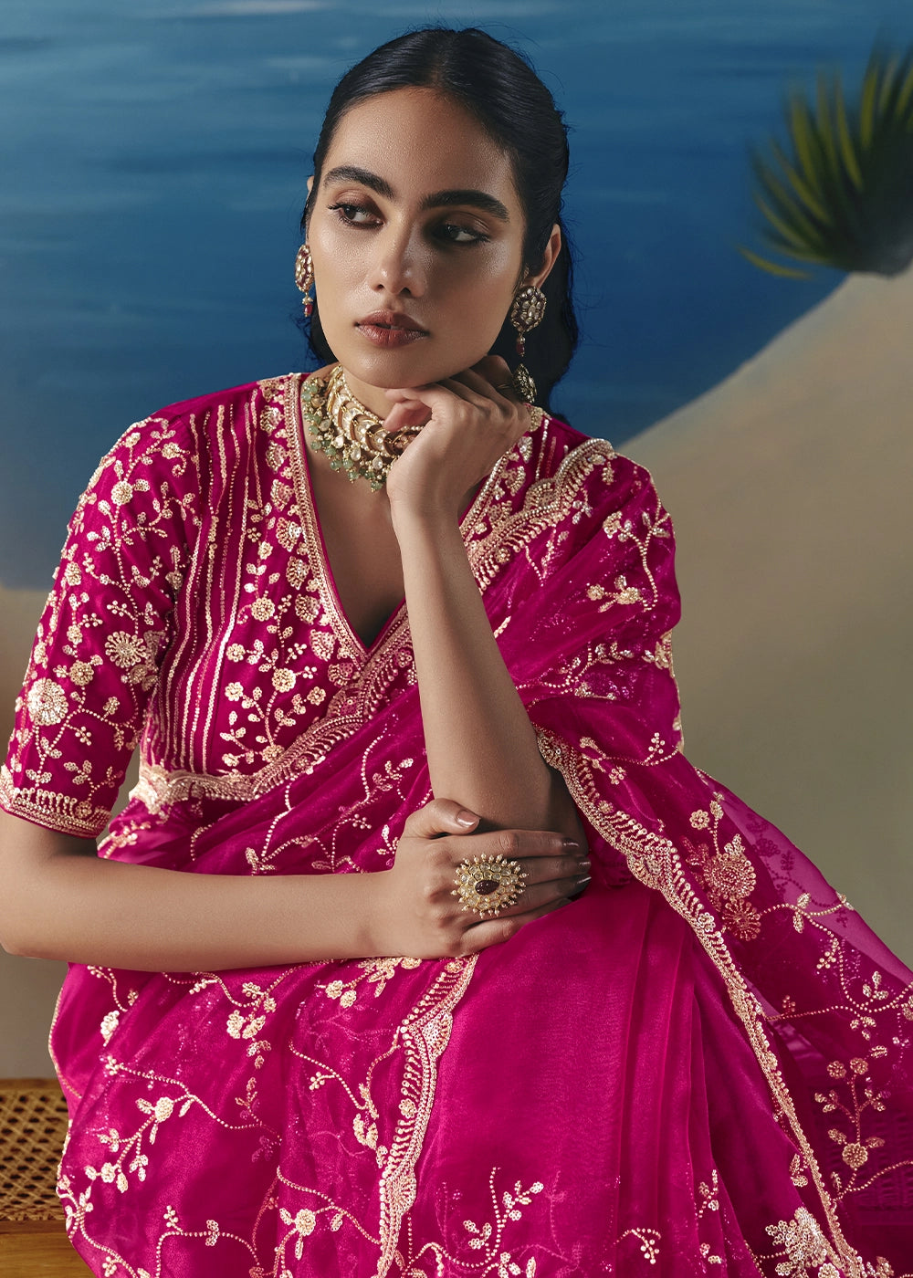 Raspberry Pink Satin Organza Saree with Elegant Sequin & Stone Detailing