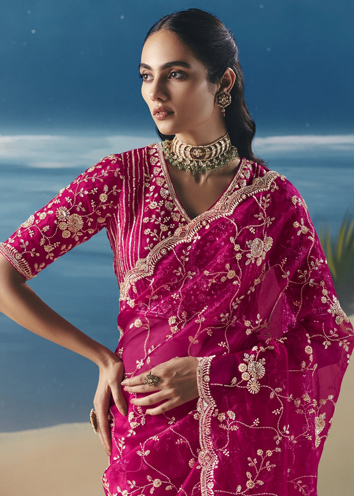 Raspberry Pink Satin Organza Saree with Elegant Sequin & Stone Detailing