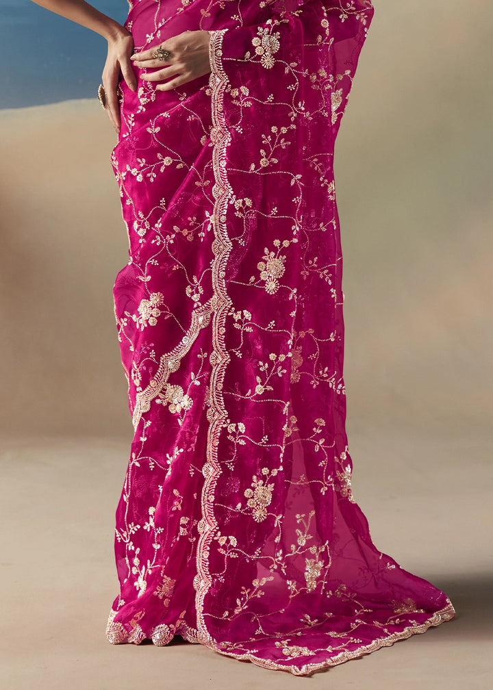 Raspberry Pink Satin Organza Saree with Elegant Sequin & Stone Detailing