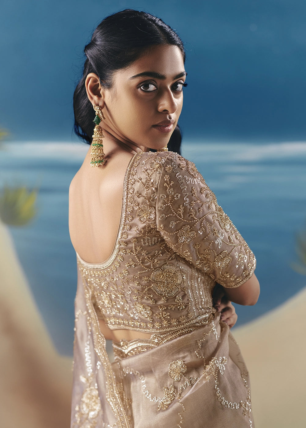 Shades Of Brown Satin Organza Saree with Elegant Sequin & Stone Detailing