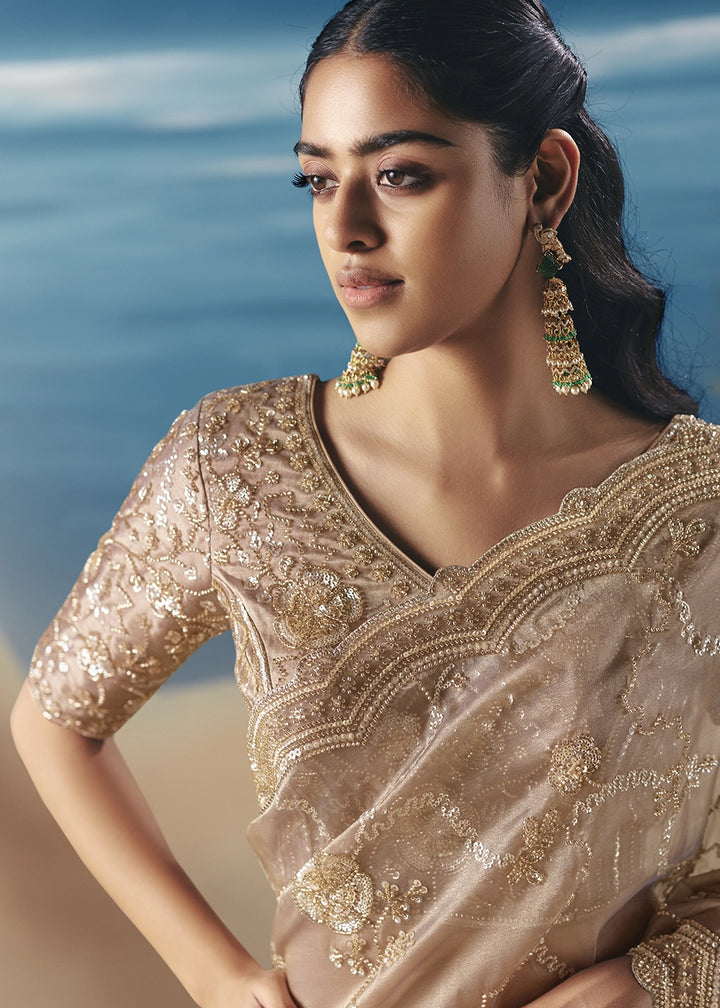 Shades Of Brown Satin Organza Saree with Elegant Sequin & Stone Detailing