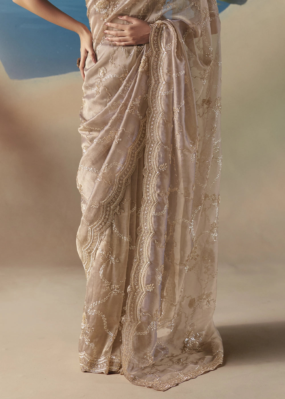 Shades Of Brown Satin Organza Saree with Elegant Sequin & Stone Detailing