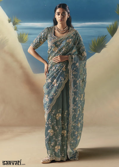 Stone Blue Satin Organza Saree with Elegant Sequin & Stone Detailing