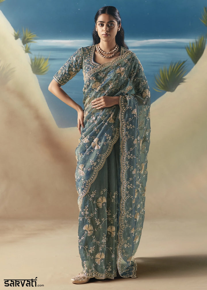 Stone Blue Satin Organza Saree with Elegant Sequin & Stone Detailing