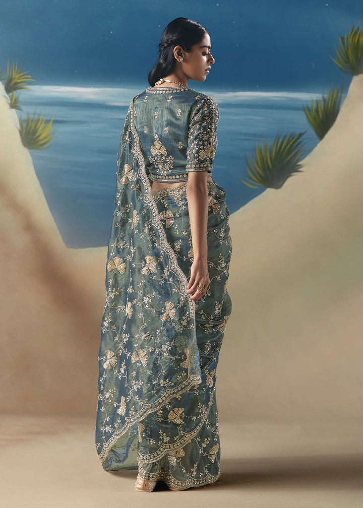 Stone Blue Satin Organza Saree with Elegant Sequin & Stone Detailing