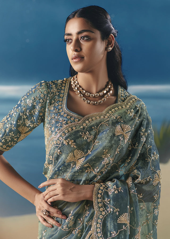 Stone Blue Satin Organza Saree with Elegant Sequin & Stone Detailing