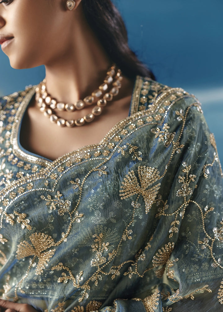 Stone Blue Satin Organza Saree with Elegant Sequin & Stone Detailing
