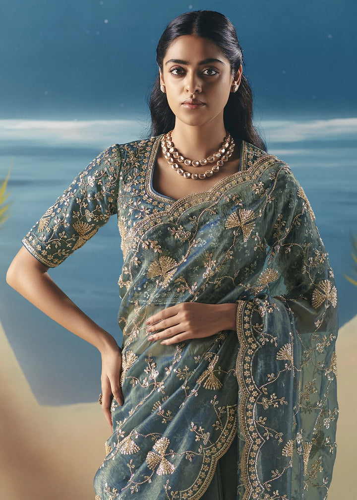 Stone Blue Satin Organza Saree with Elegant Sequin & Stone Detailing